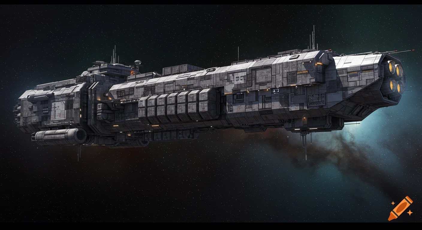 A large grey cargo spaceship in space.