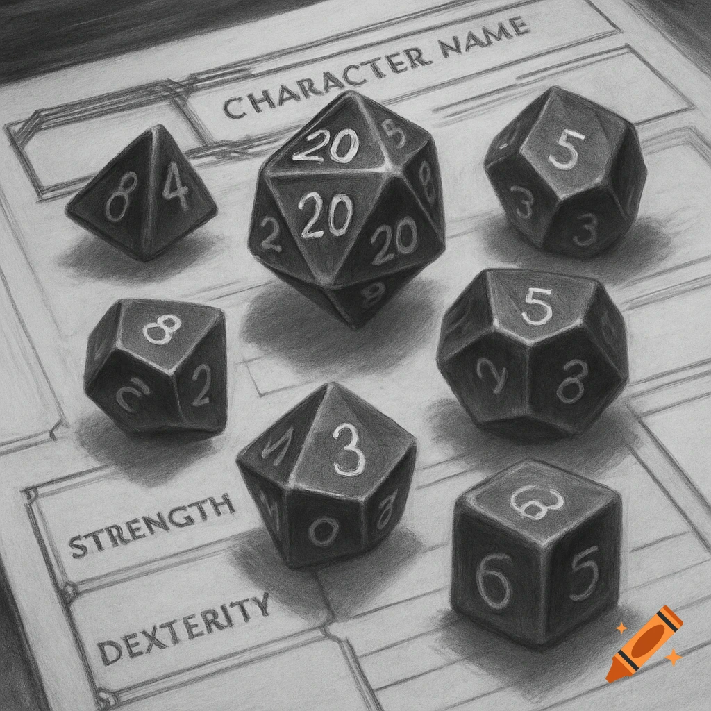 Black and white pencil sketch of Dungeons and Dragons dice on a character sheet.