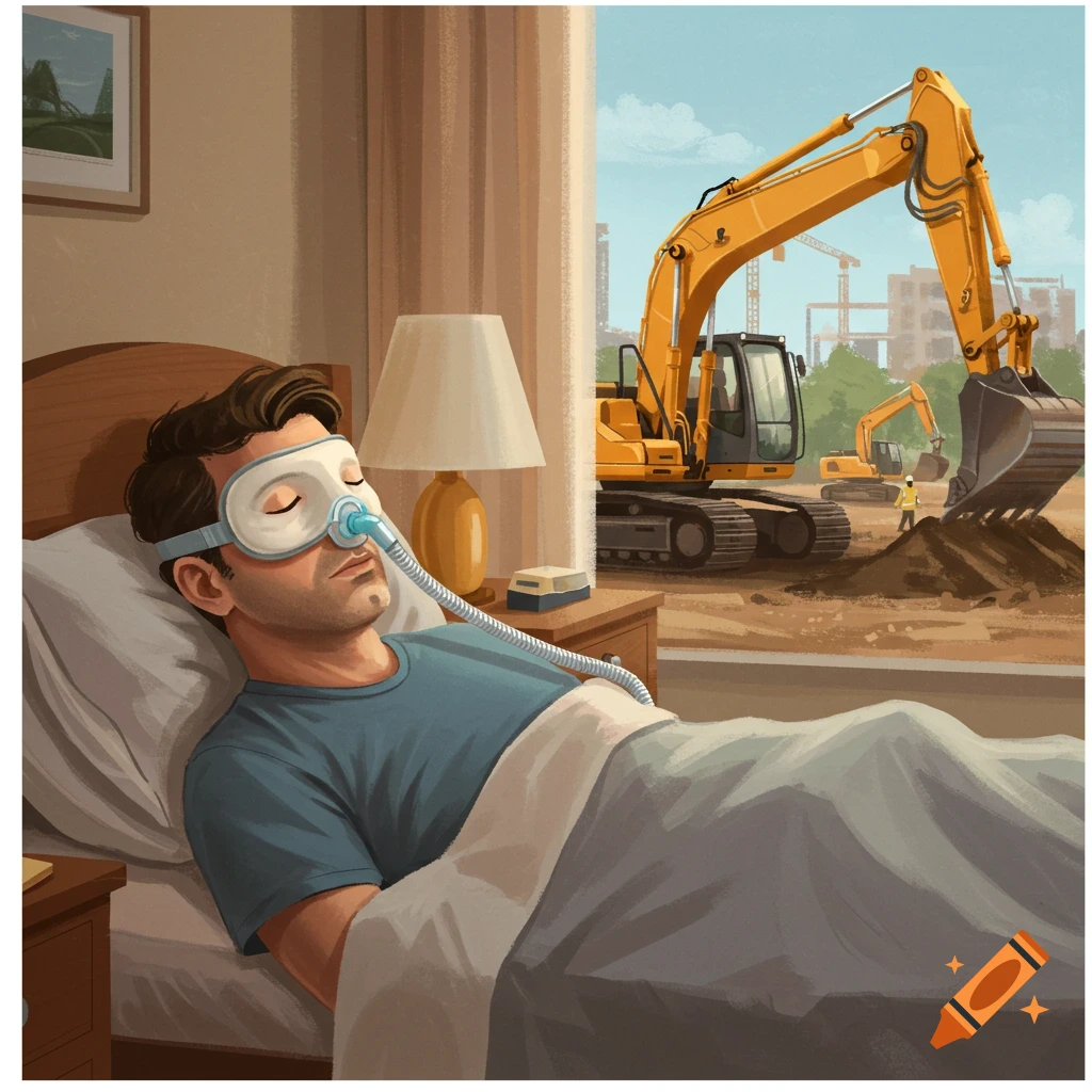 An illustration of a man sleeping in bed with a CPAP mask, with a view of excavators working at a construction site outside his window.
