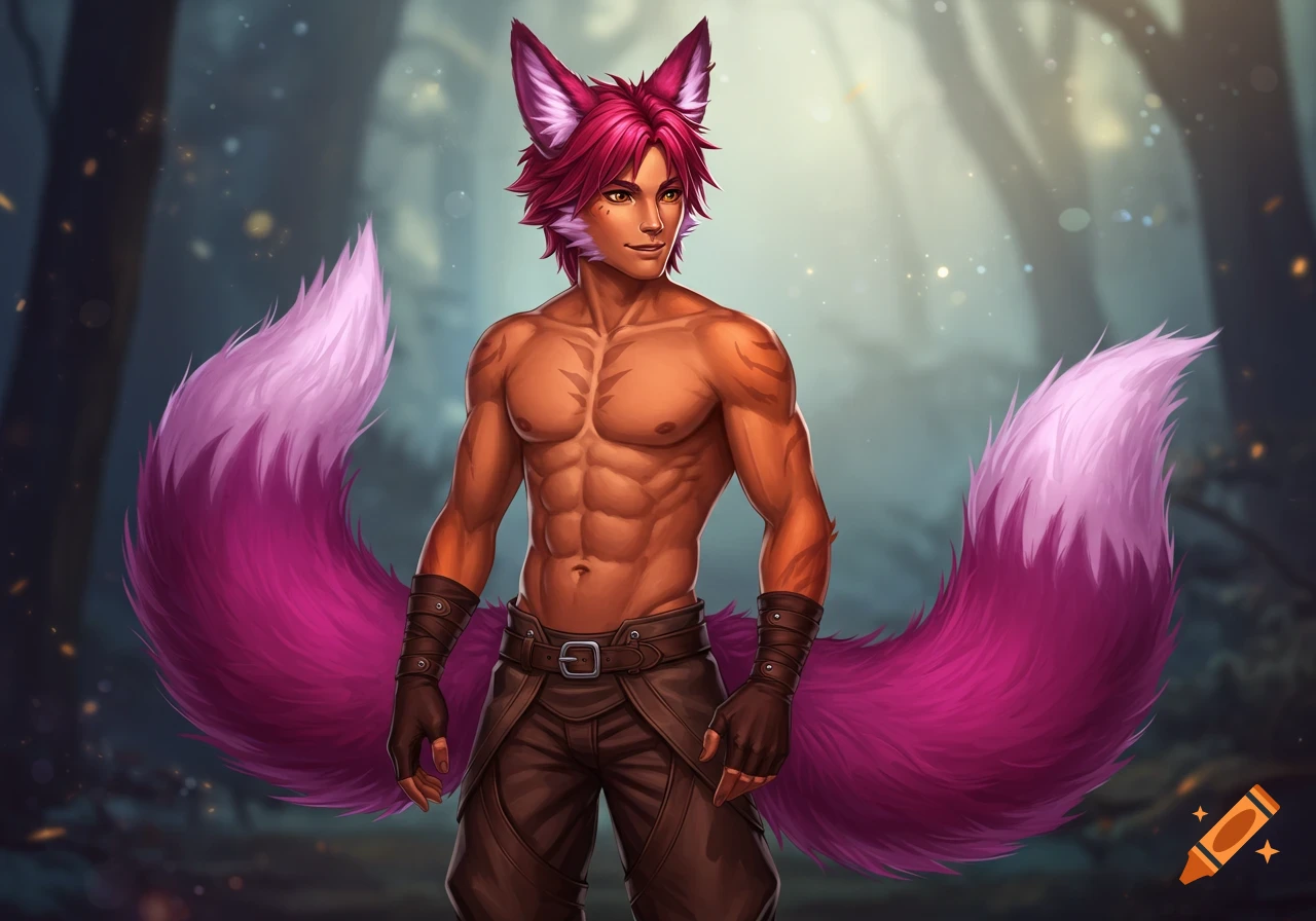 Muscular male anthro fox character with pink hair, ears, and two bushy tails, wearing leather pants and gloves, standing in a forest.