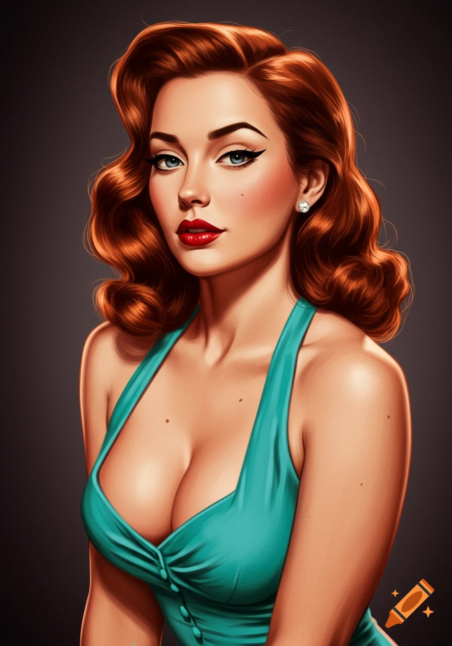 A pin-up woman with auburn hair and red lips wears a turquoise dress.