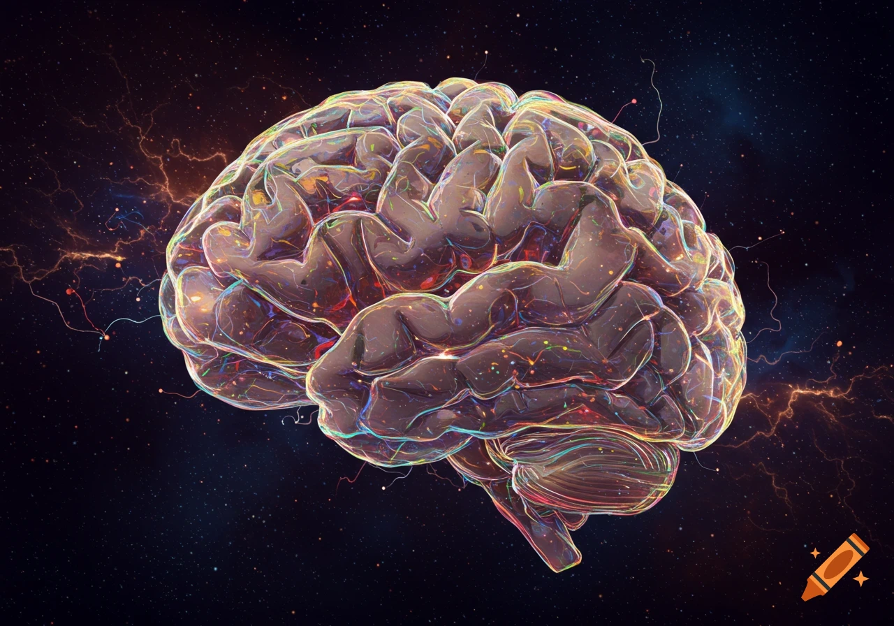 A stylized, glowing brain floats in a cosmic background with lightning.