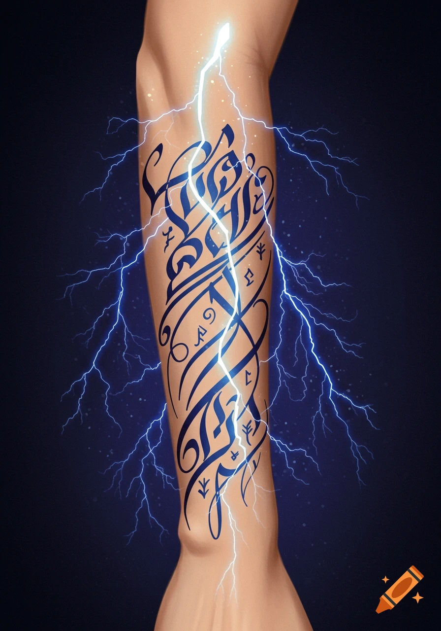 An arm with a large blue calligraphic tattoo and lightning.