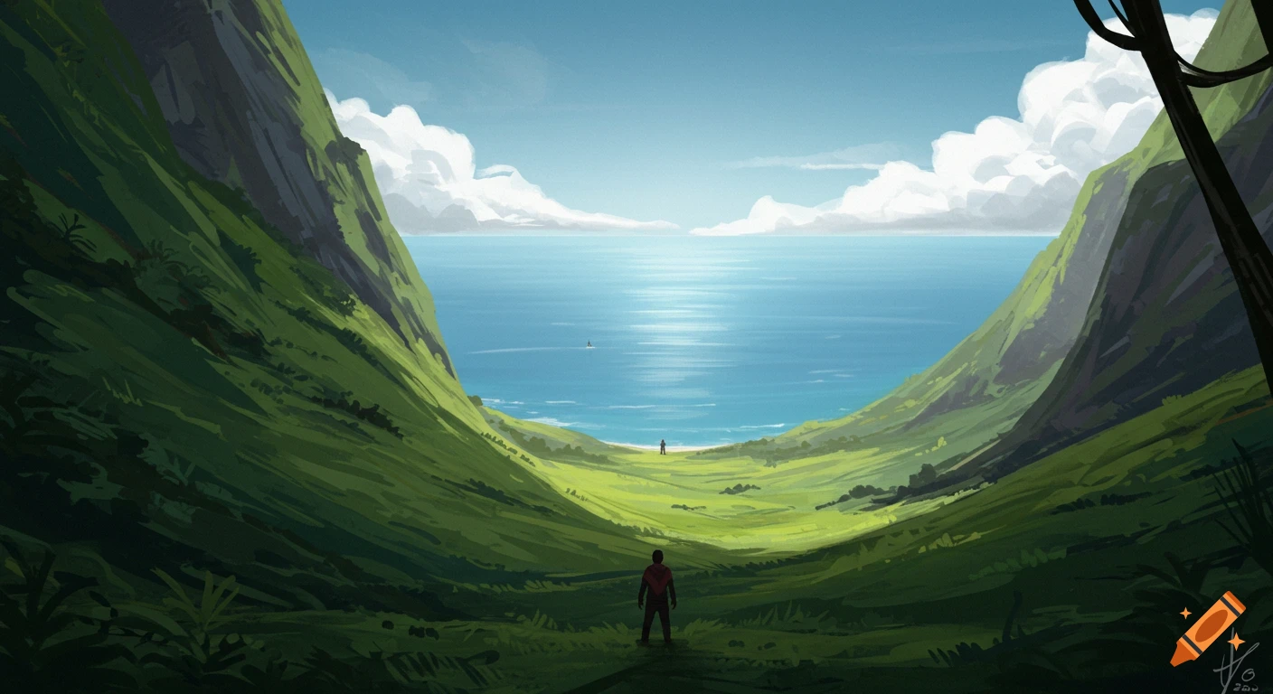 Painterly landscape of a person in a valley looking at the ocean.