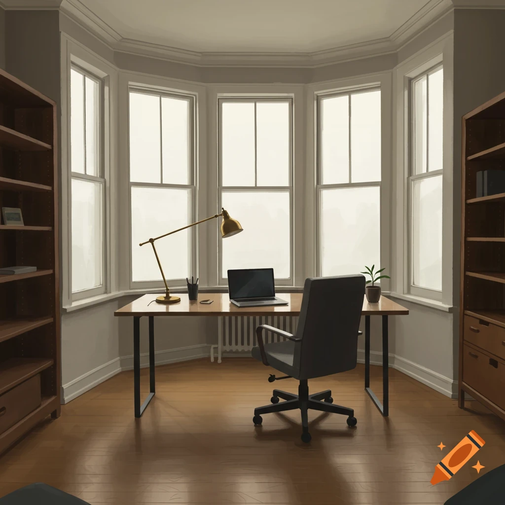 A home office with a desk, chair, laptop, lamp, and bay windows.
