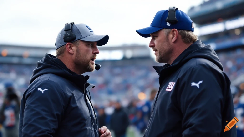 Two football coaches talk on the sideline of a stadium during a game.