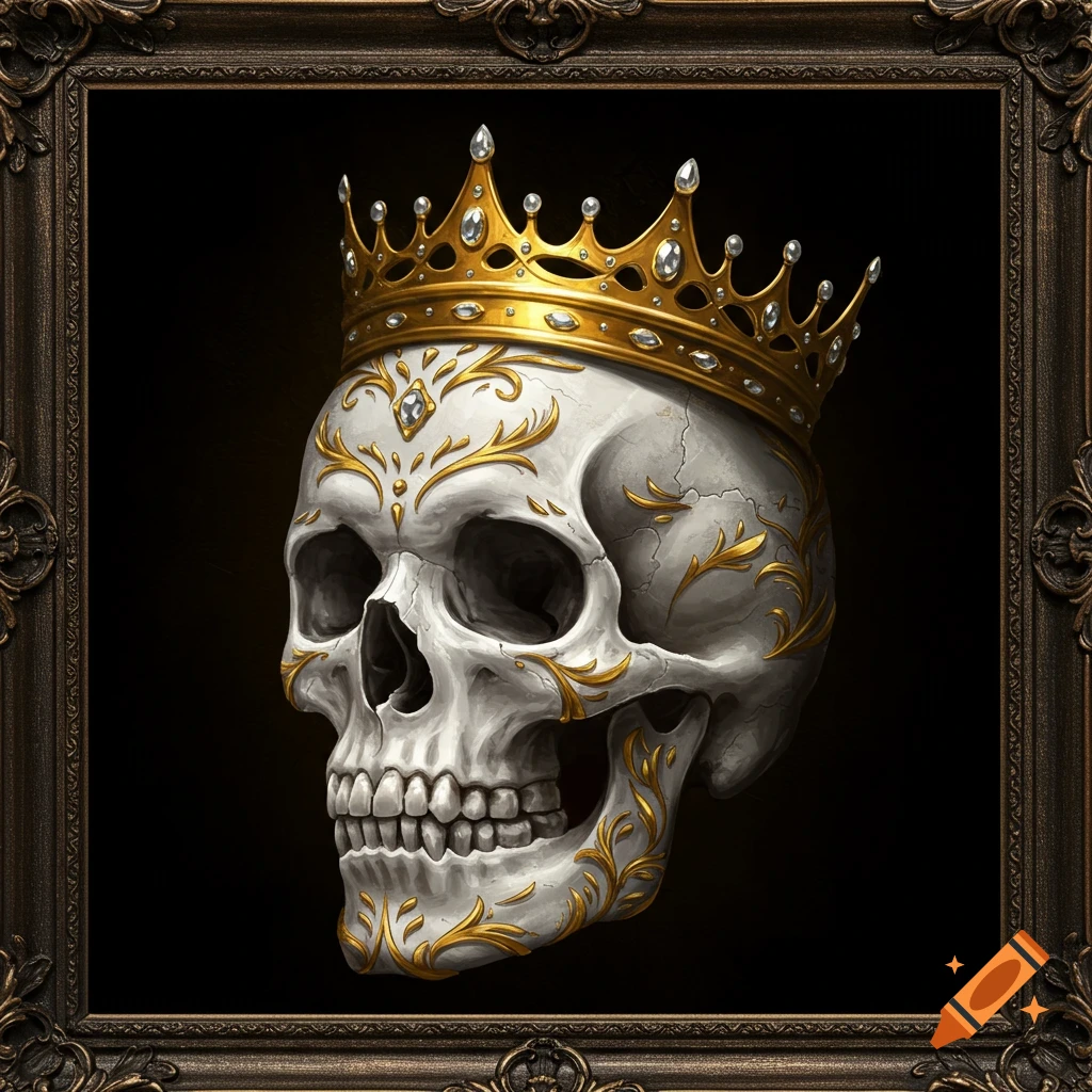 A white skull with gold decorations and a gold crown, in a frame.