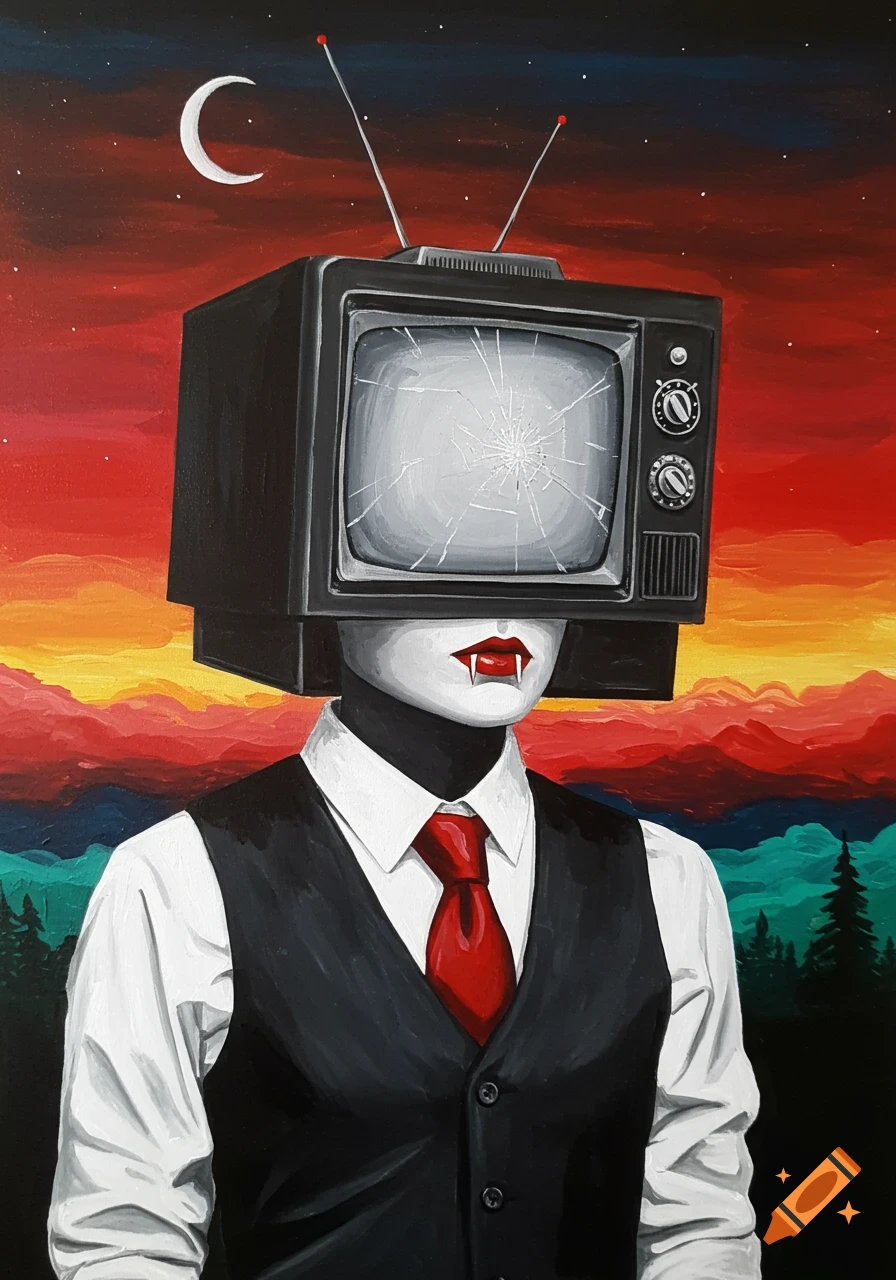 A painting of a figure with a broken TV for a head, wearing a suit vest and tie, against a colorful, surreal landscape with a crescent moon.