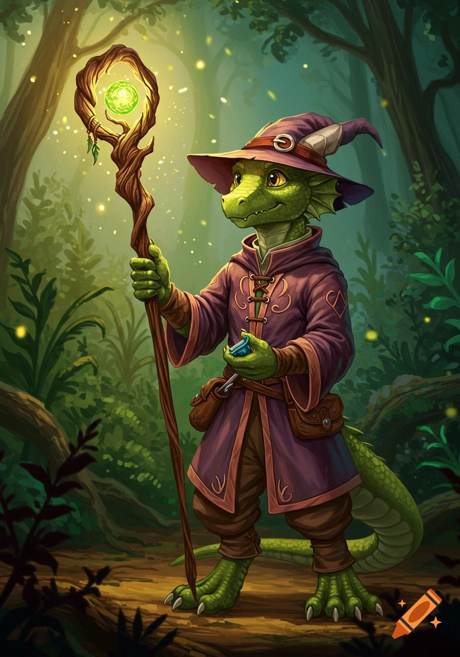 A fantasy image of a kobold wizard holding a magic staff in a forest.