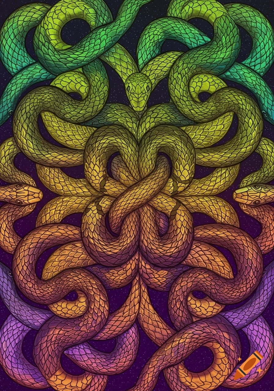 Tessellated pattern of interwoven colorful snakes against a starry background.