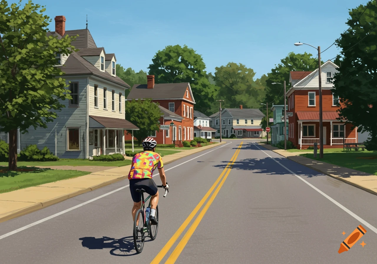 a cyclist riding down a street past houses