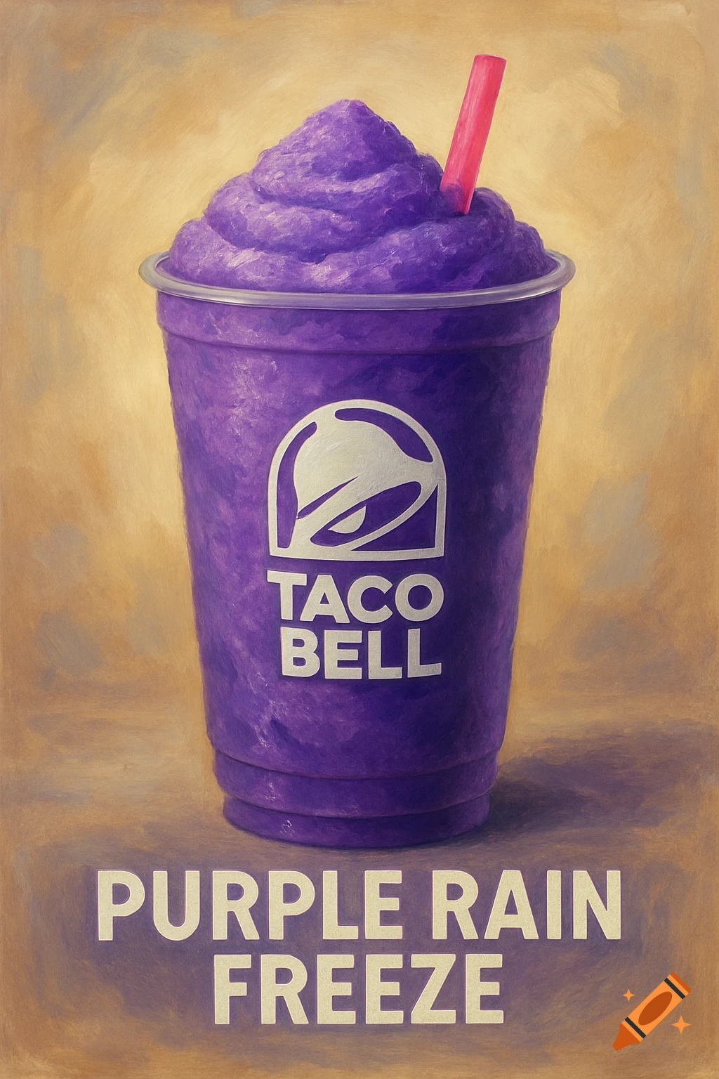 A large purple Taco Bell Purple Rain Freeze drink with a straw, against a textured background.