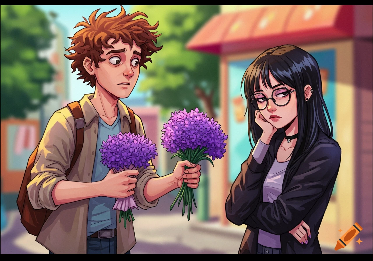 Illustration of a nervous boy holding flowers for a girl with glasses who looks unimpressed in anime style.