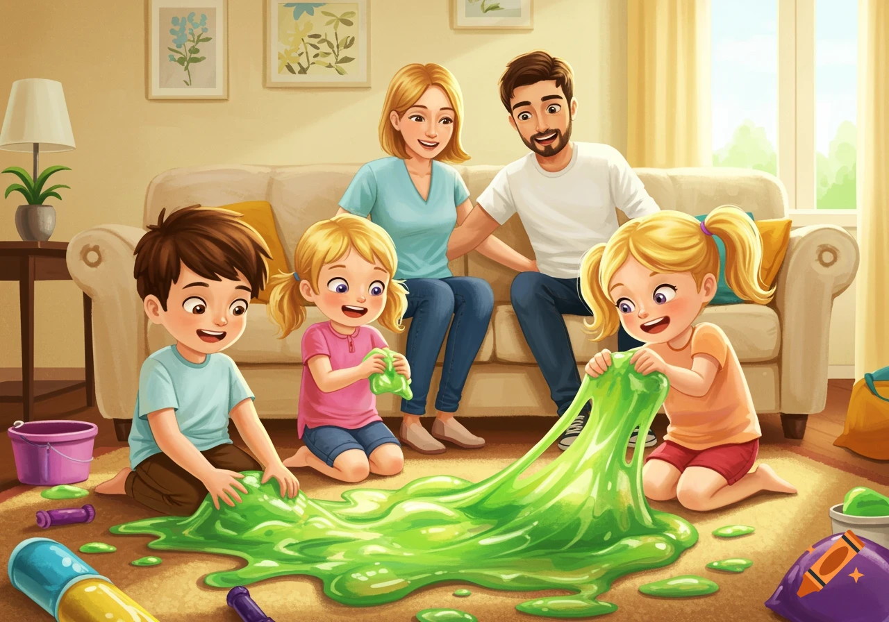 Illustration of a family playing with green slime on the floor in a living room.