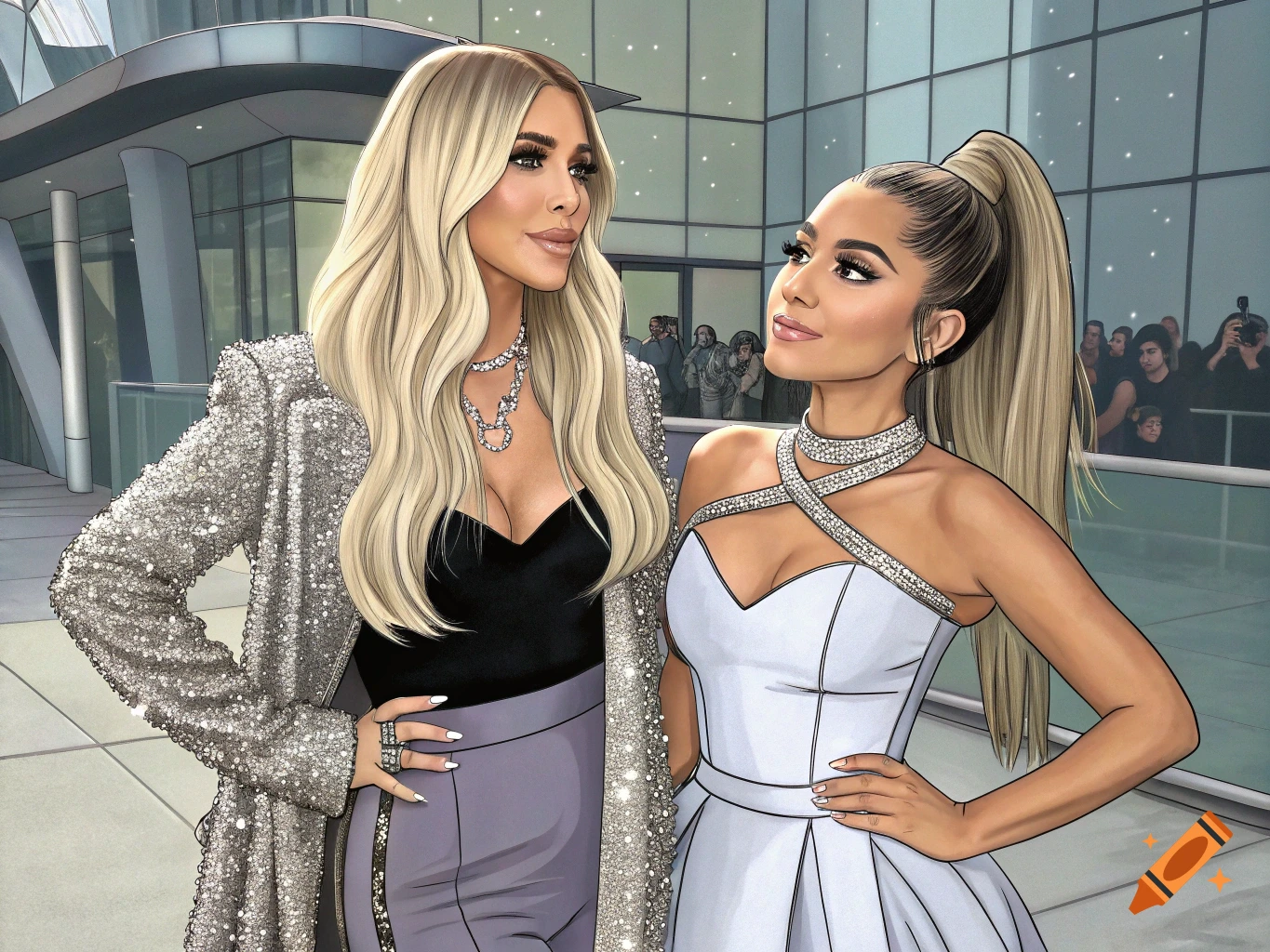 Digital art of two women resembling Kim Kardashian and Ariana Grande posing in formal wear outdoors.