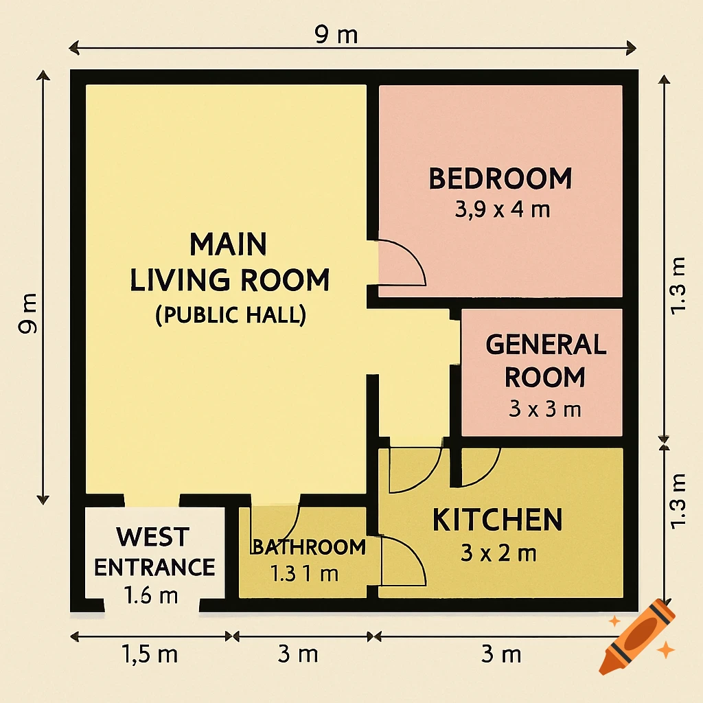 A floor plan diagram showing a 9x9 meter house with main living room, bedroom, general room, kitchen, bathroom, and west entrance, including room labels and dimensions.