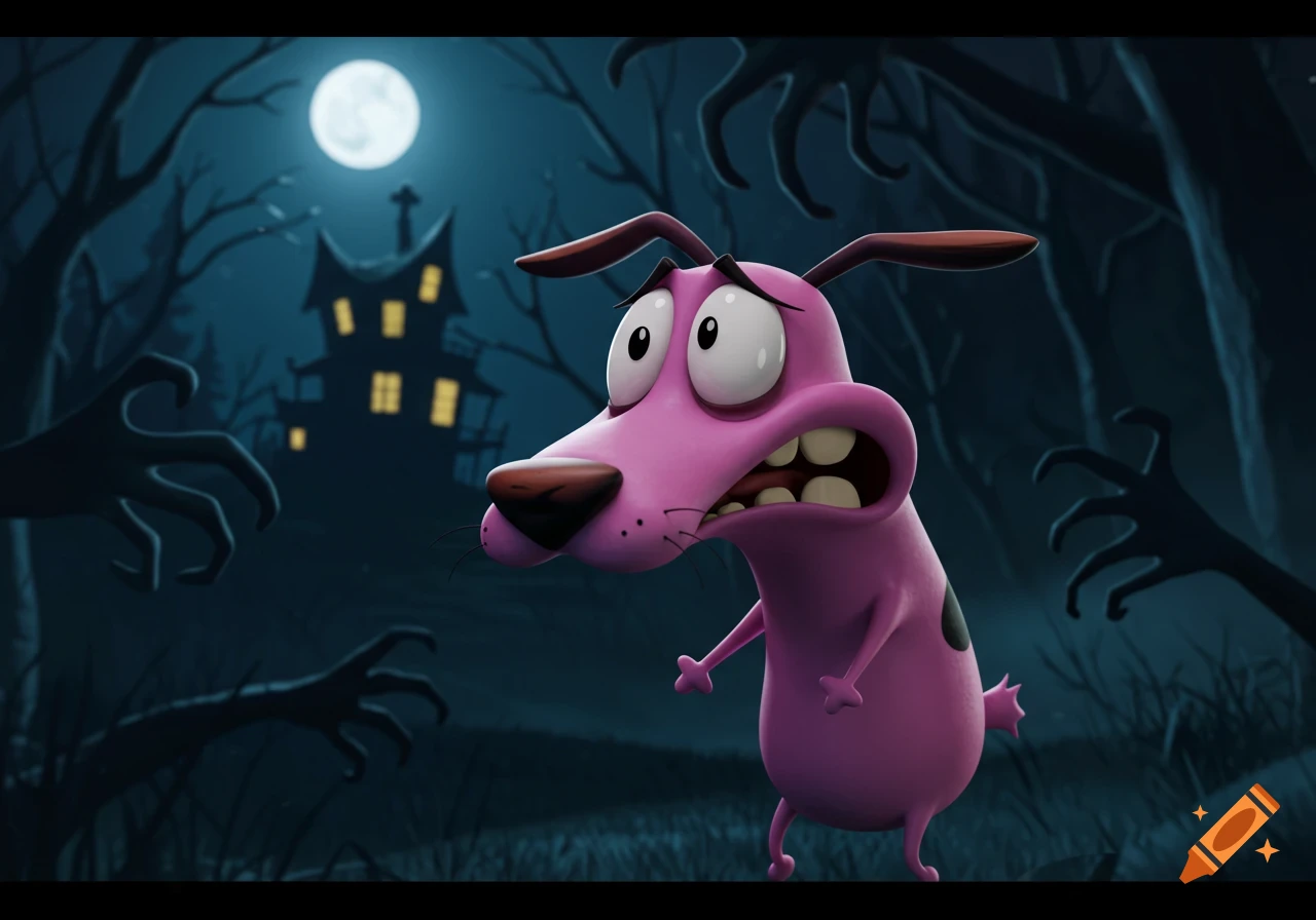 Pink cartoon dog, Courage the Cowardly Dog, looking scared in a spooky forest at night with hands reaching from trees and a haunted mansion in the background.