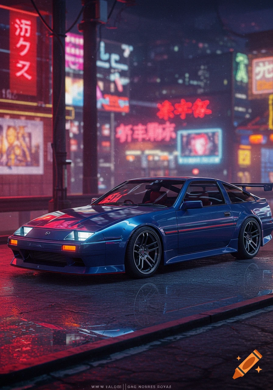 A blue sports car parked on a wet city street at night with neon signs in a cyberpunk style background.