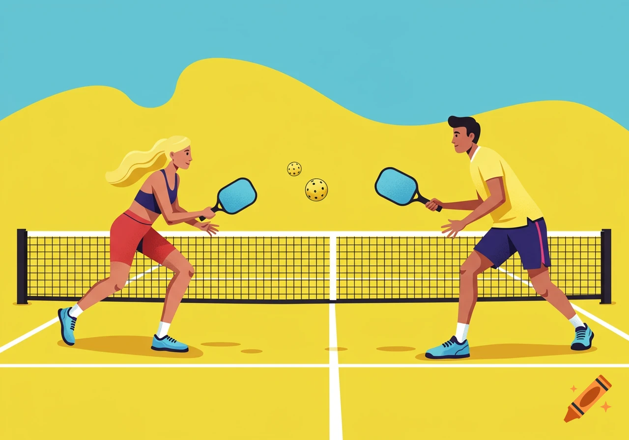Vector illustration of two people playing pickleball on a court.