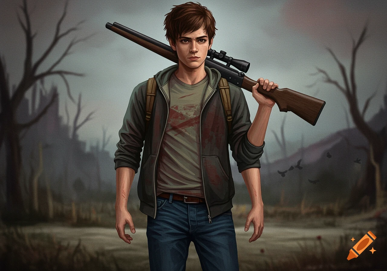 A young man with a rifle slung across his back in a post-apocalyptic landscape.