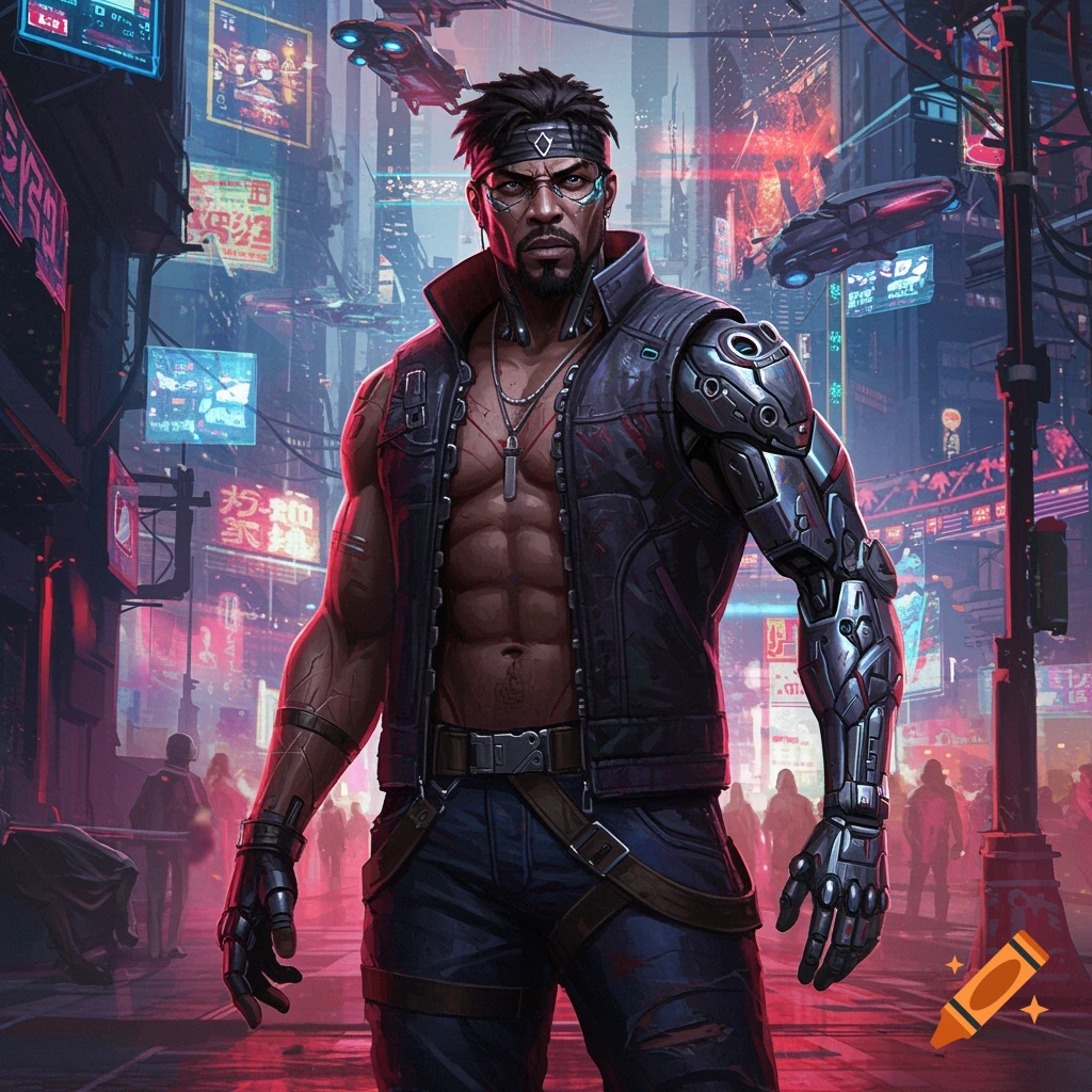 A muscular man with a cybernetic arm stands in a neon-lit cyberpunk city.
