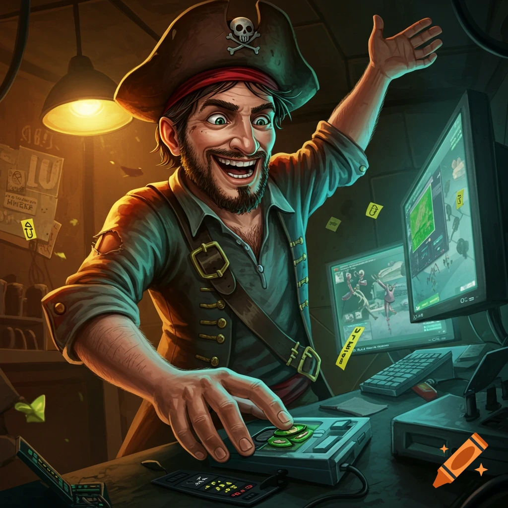 A cheerful cartoon pirate sits at a computer desk, reaching for a controller, surrounded by monitors and notes.