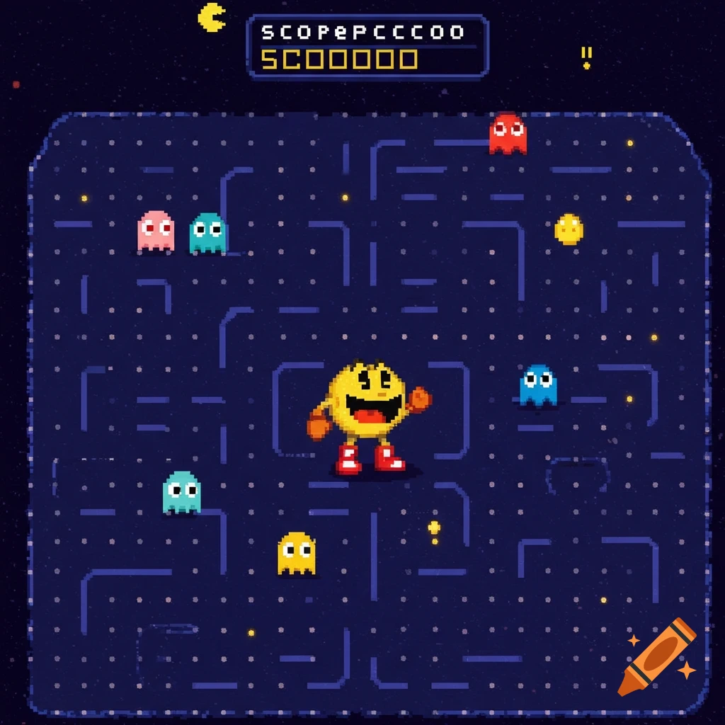 Pixel art image of a Pac-Man maze with Pac-Man and ghosts.