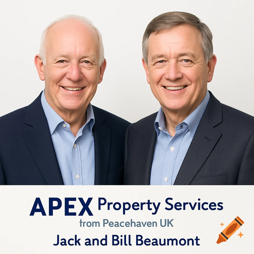 Two smiling men in suits with text 'APEX Property Services from Peacehaven UK Jack and Bill Beaumont' below.