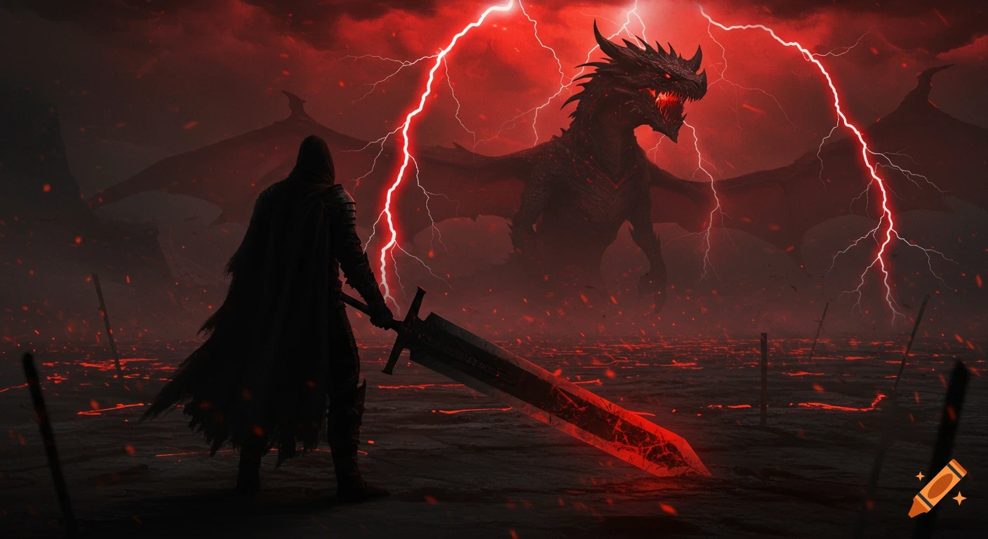 A figure with a greatsword faces a large dragon under red lightning in a dark, stylized landscape.