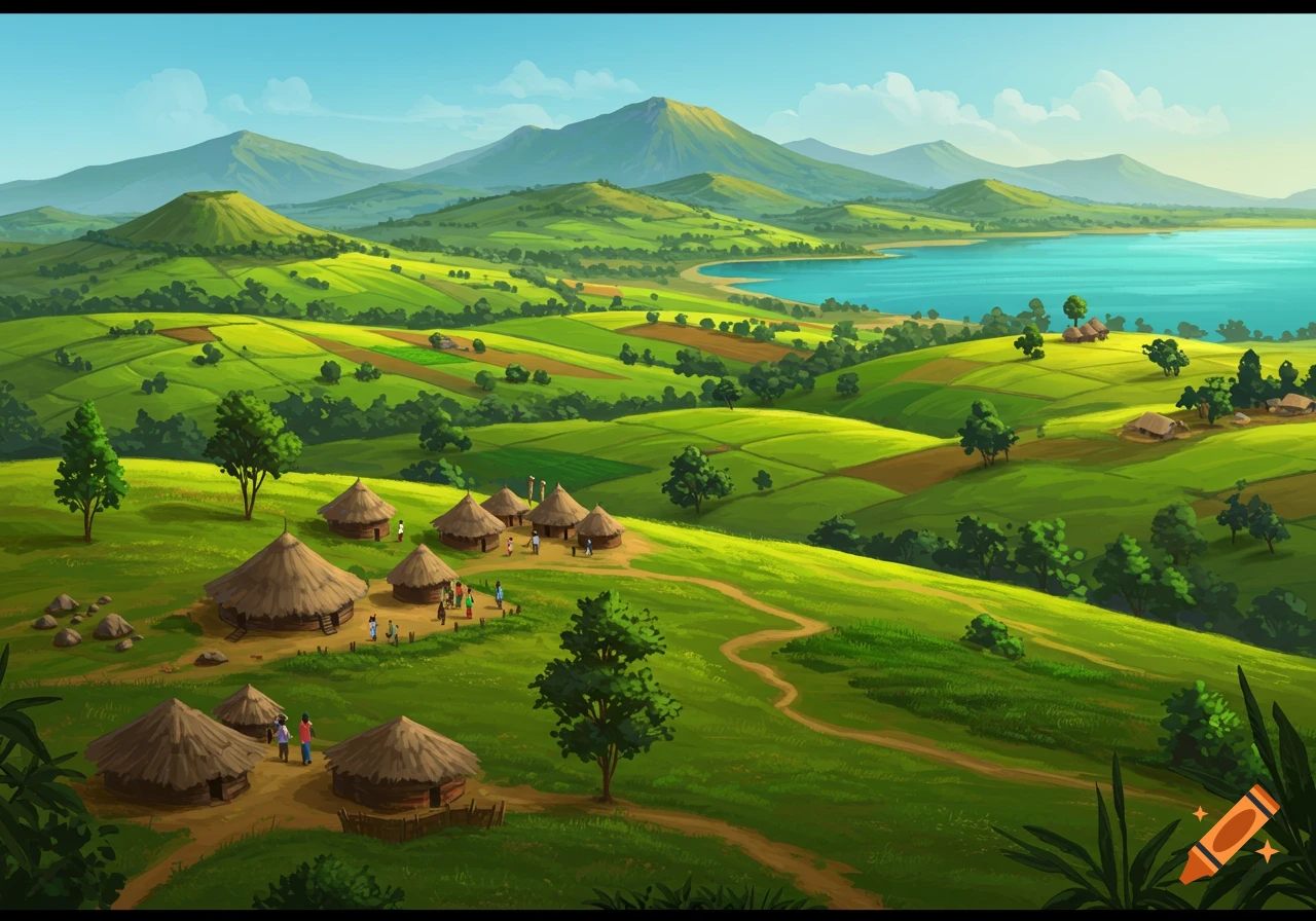 A village with thatched huts in a lush green valley overlooking a lake and mountains.