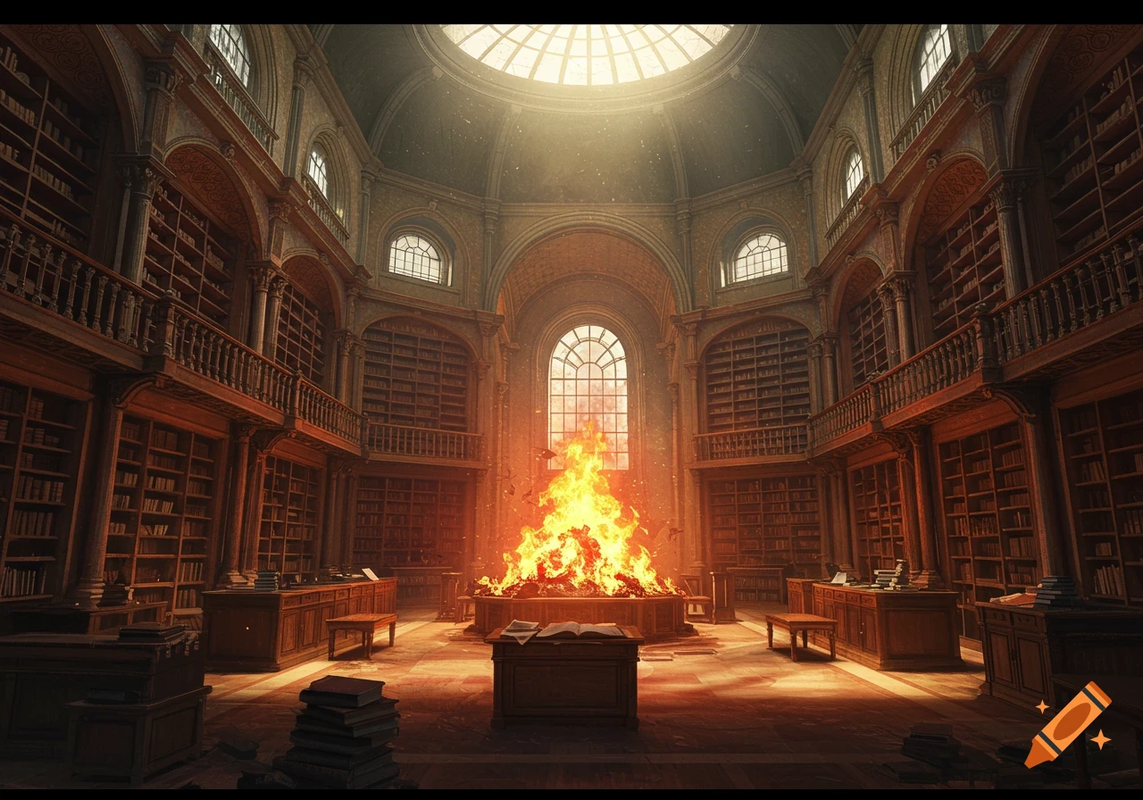A grand library interior with a large fire burning books in the center.