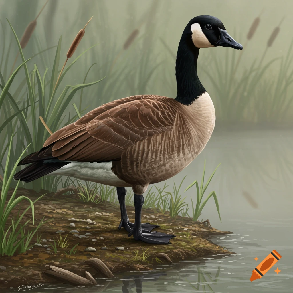 A Canada goose standing by a pond.