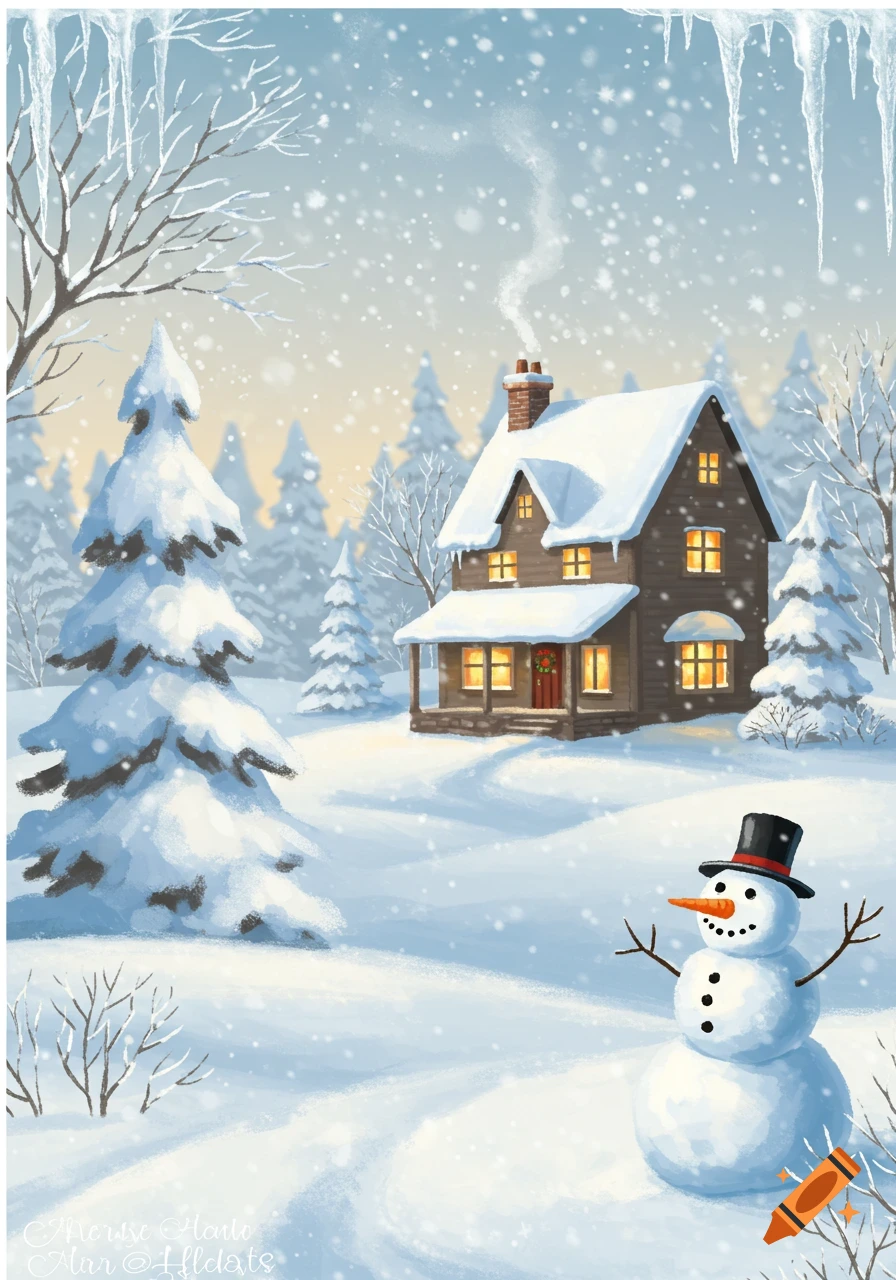 A snowy winter landscape with a cozy house, trees, and a snowman.