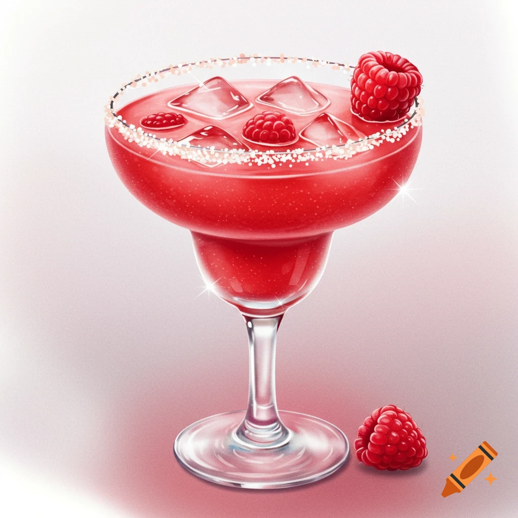 An illustration of a raspberry margarita in a glass with ice and raspberries, and a sparkly rim.