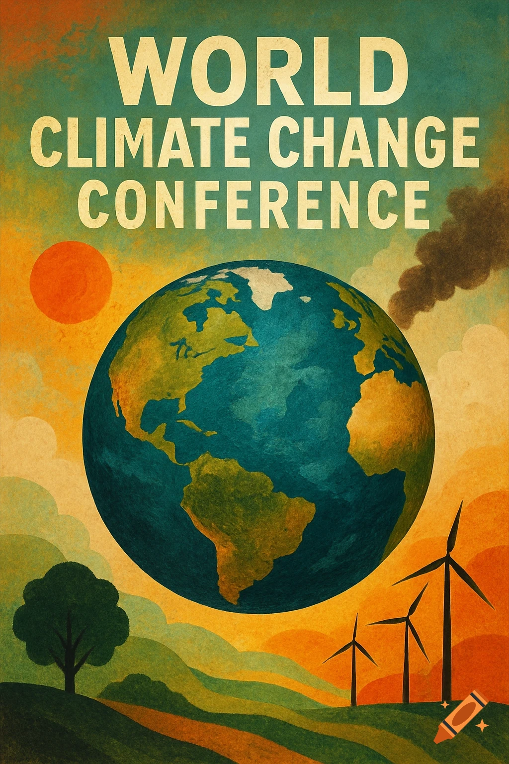 Poster for World Climate Change Conference showing Earth, sun, tree, wind turbines, and smoke stacks in a stylized art style.