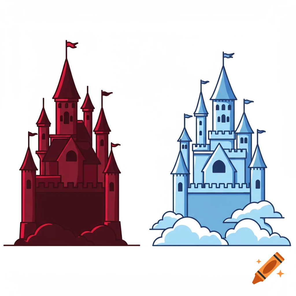 An illustration of a red castle on the left and a blue castle with clouds on the right.