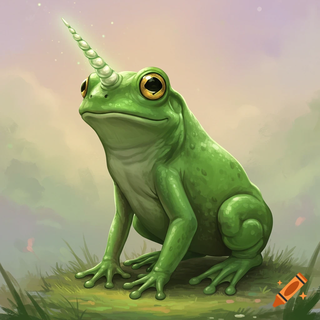 Drawing of a green frog with a unicorn horn sitting in grass.