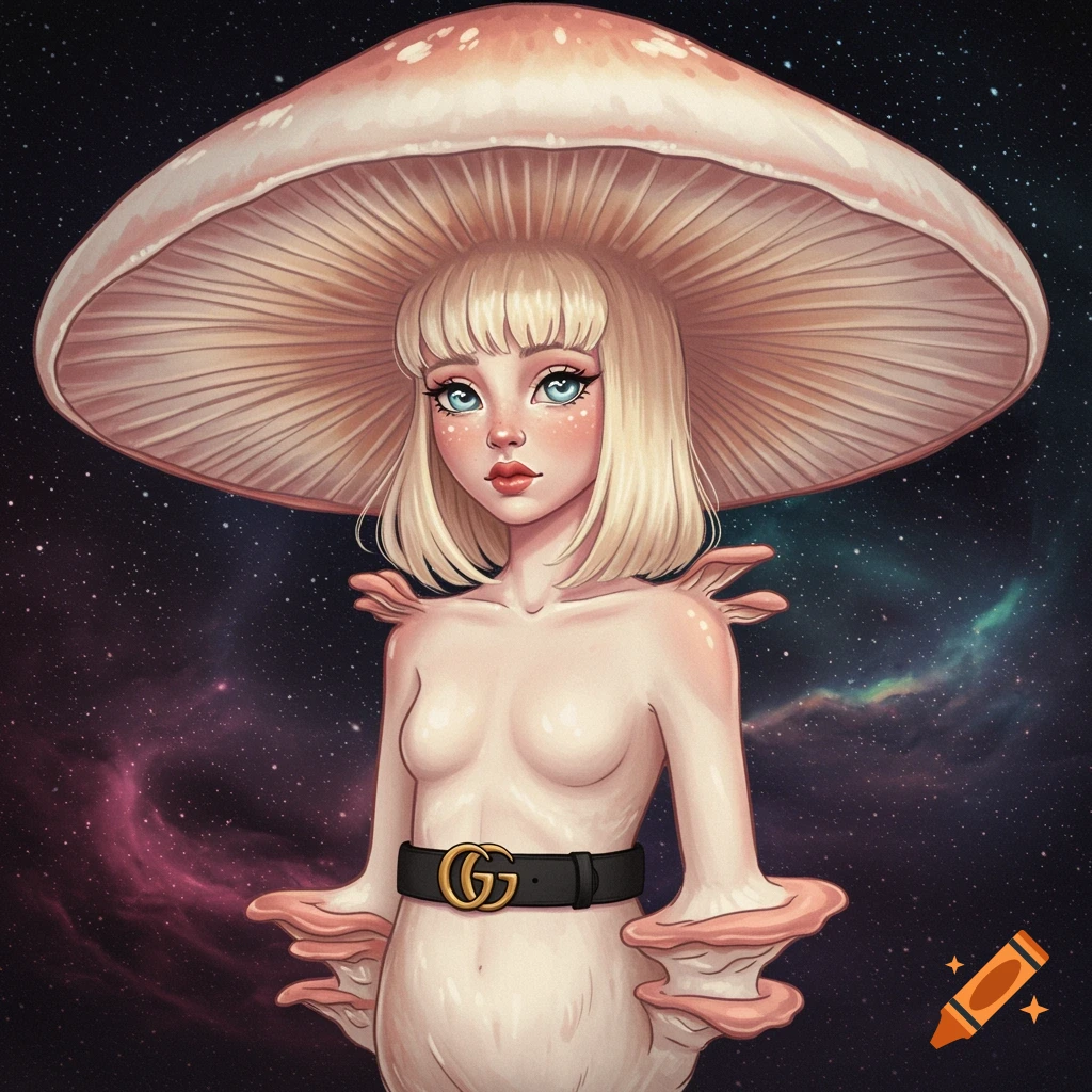 A humanoid mushroom woman with blonde hair and a belt in a space background.