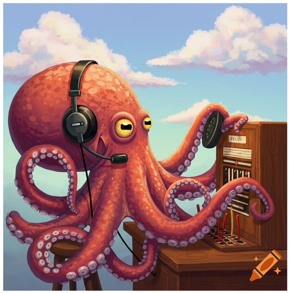 A digital painting of a friendly octopus wearing headphones and sitting at a switchboard.