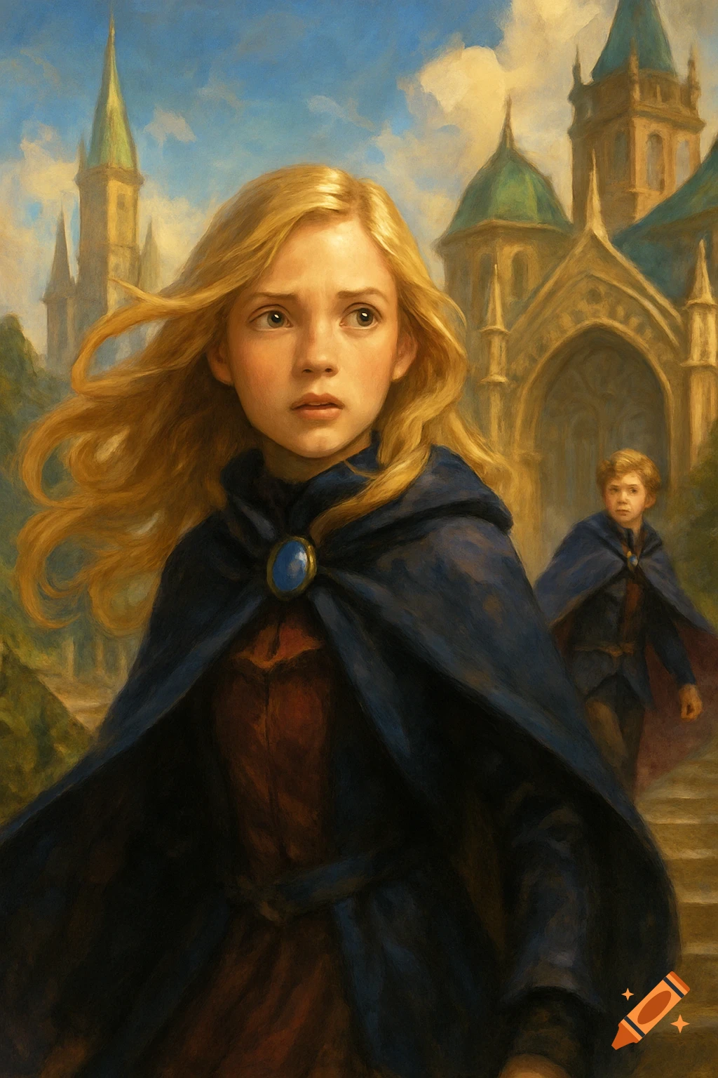 Two young figures in cloaks stand outside a fantasy building