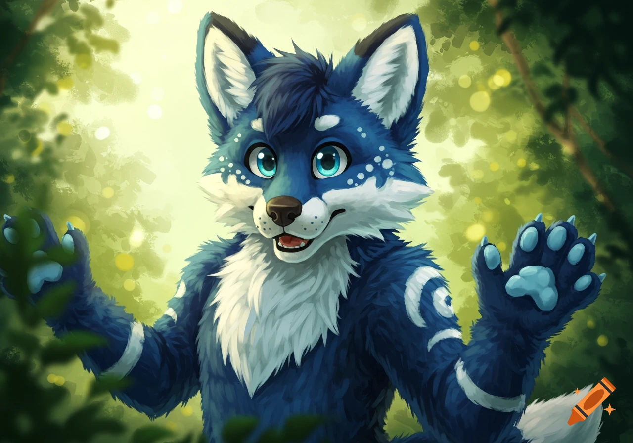 Blue and white furry wolf-like character with glowing eyes raising paws in a forest.
