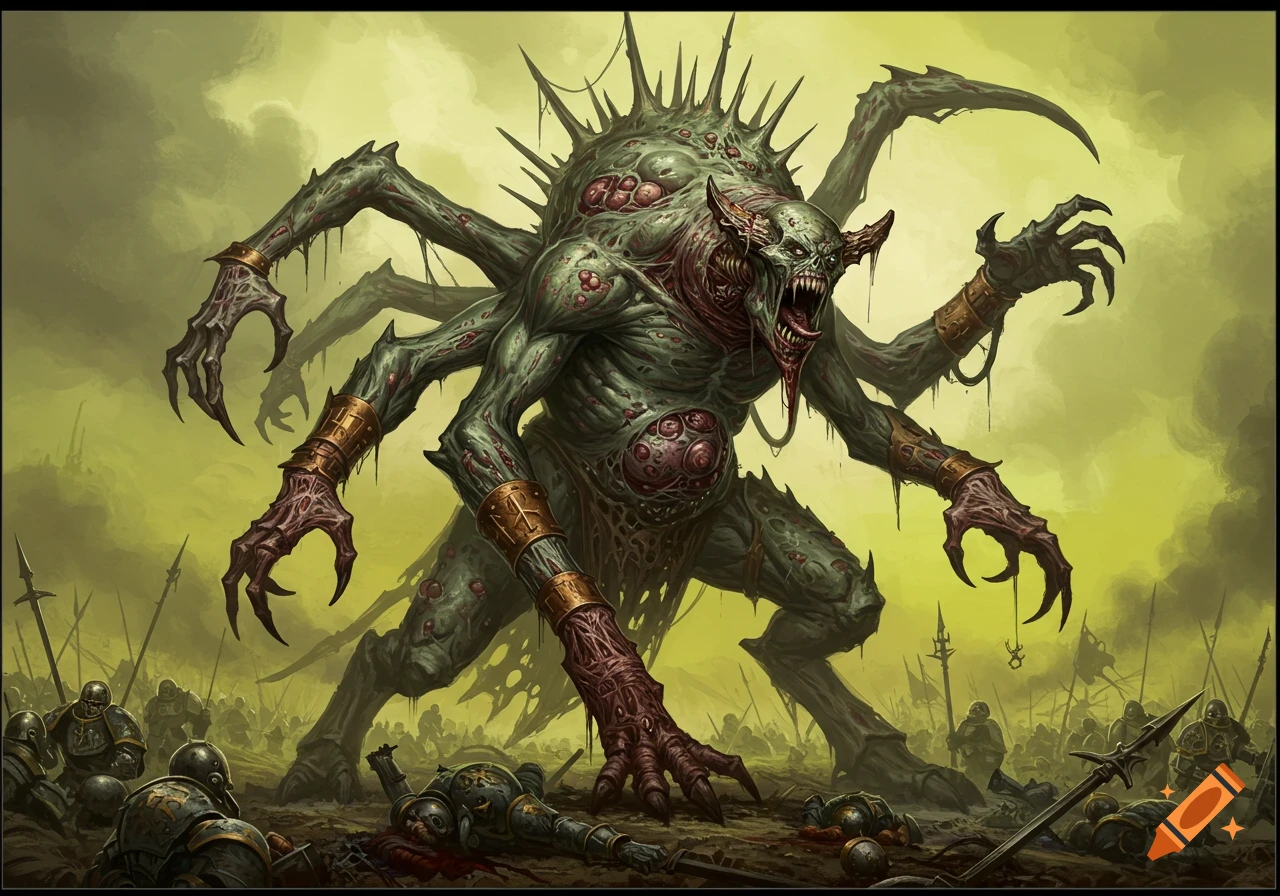 A multi-limbed green monster stands over fallen soldiers on a battlefield.