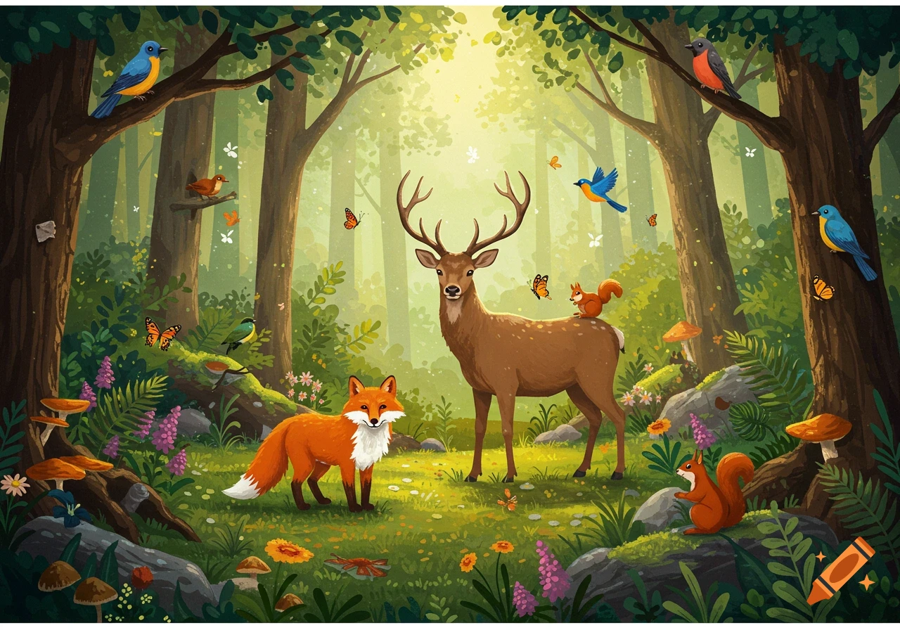 A deer, fox, squirrels, and birds are in a sunny forest with butterflies and mushrooms.