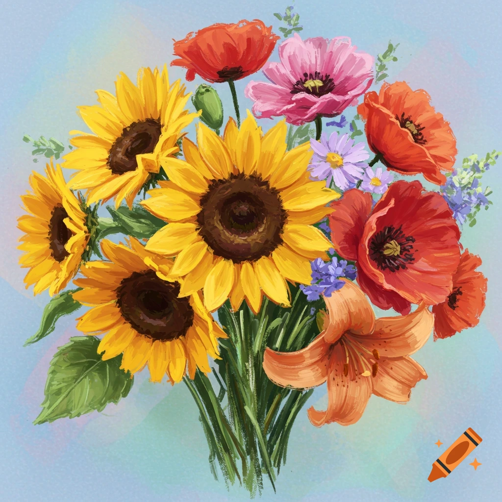 An oil pastel painting of a bouquet of colorful flowers including sunflowers and poppies.
