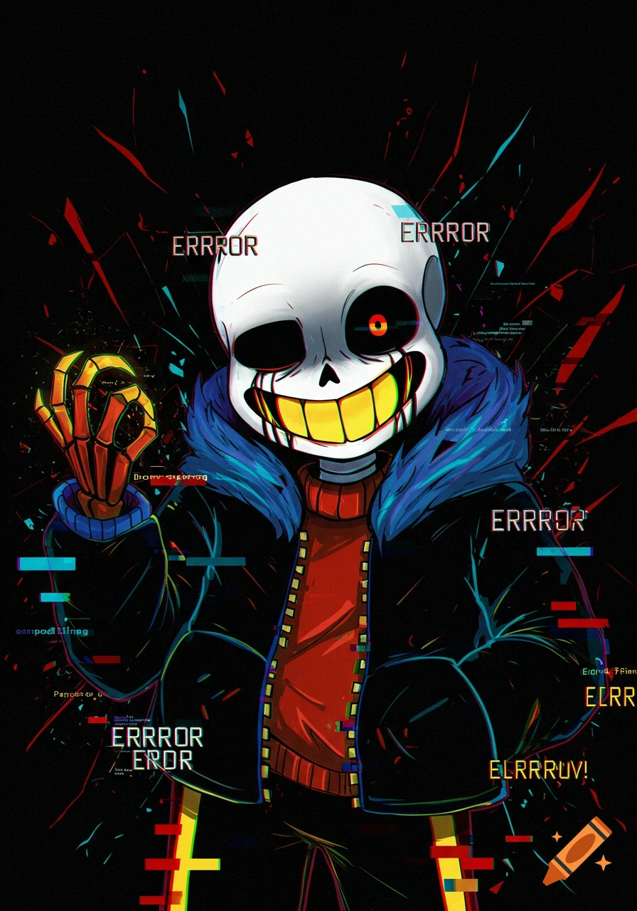 A skeletal character, Error Sans, makes an OK gesture surrounded by glitching effects and text bubbles displaying the word ERROR.