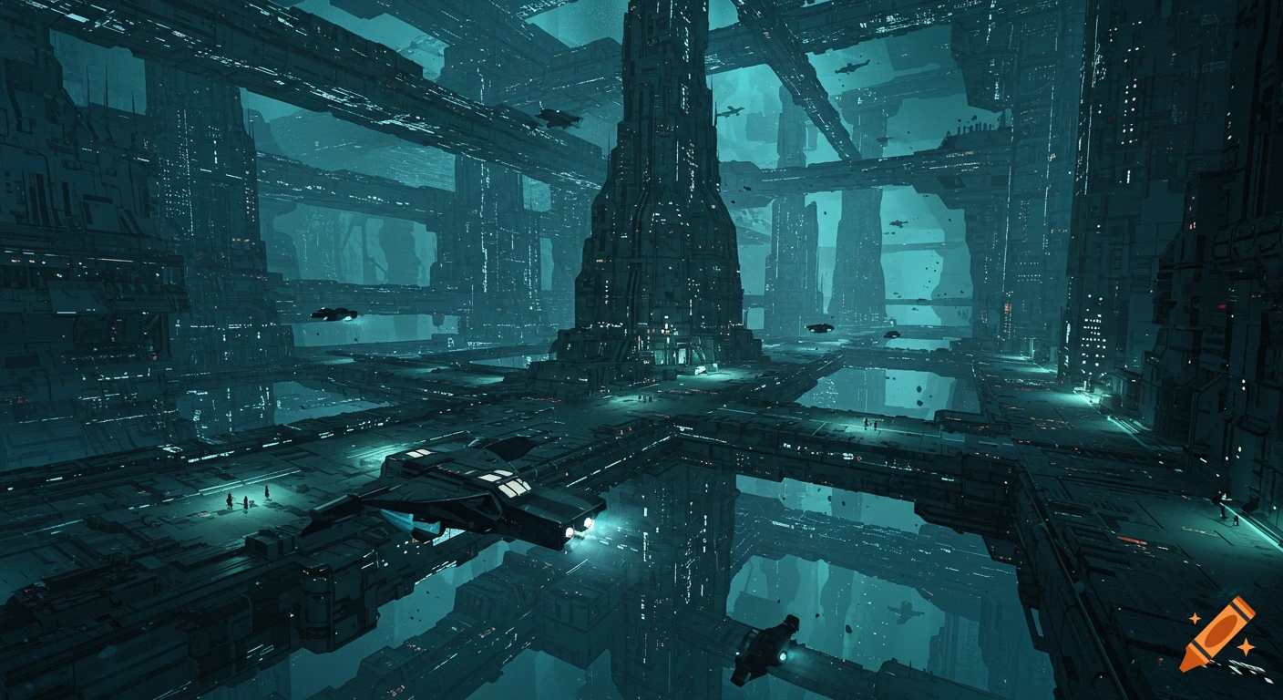 A vast, dark, futuristic underground city with towering structures, lights, and spaceships.