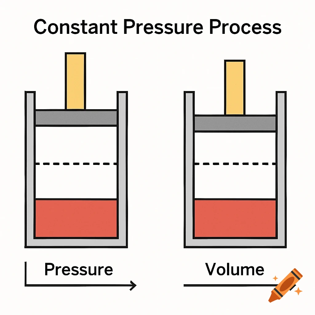 Diagram showing constant pressure process with two piston cylinder arrangements labeled Pressure and Volume.
