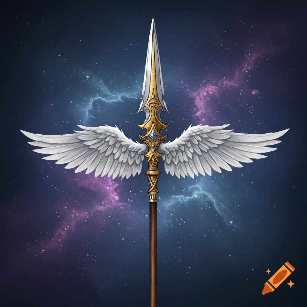A spear with white wings on a space background.