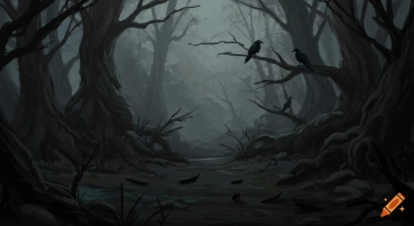 Dark, misty forest scene with large trees and crows perched on branches, in a digital painting style.
