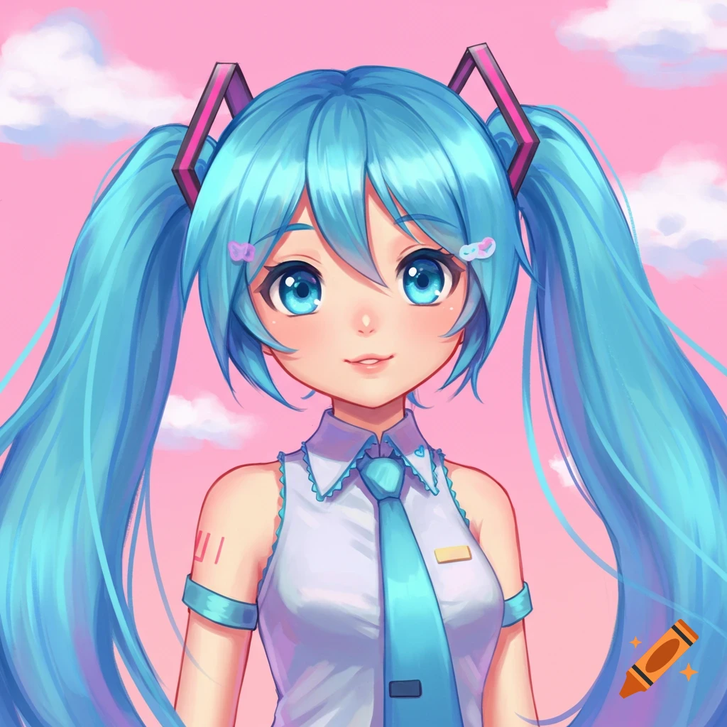 A digital painting of Hatsune Miku with blue twintails against a pink sky with clouds.